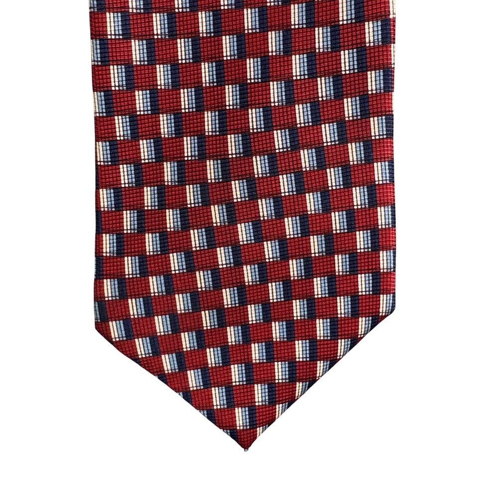 Jones New York Mens Silk Necktie Red Navy Blue White Geometric Grid Pattern